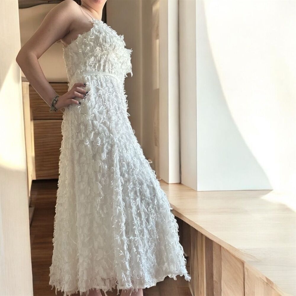 Forever Unique Bright White Eye Lash Ankle Length Spaghetti Strap Formal Dress - Picture 2 of 12
